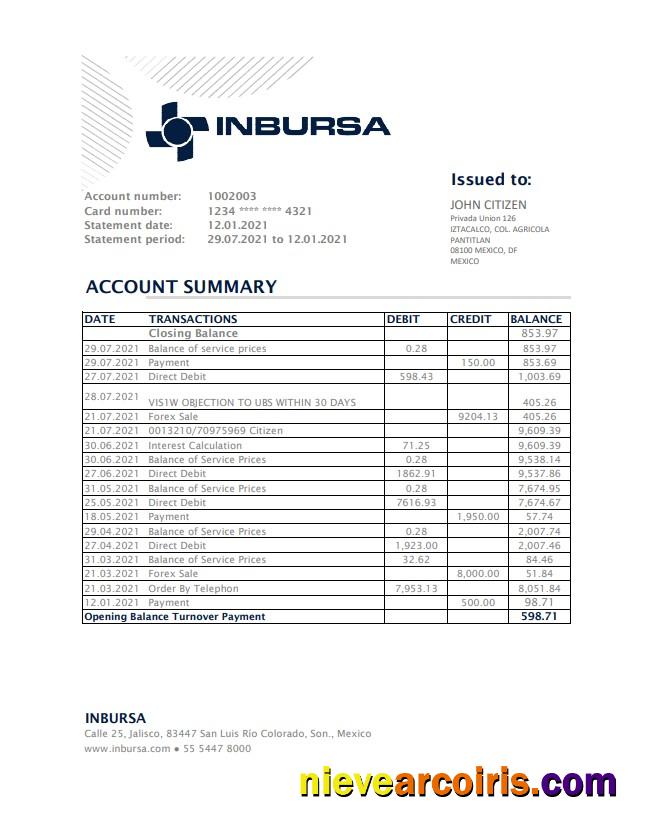 Mexico Inbursa Bank statement easy to fill in Excel and PDF format